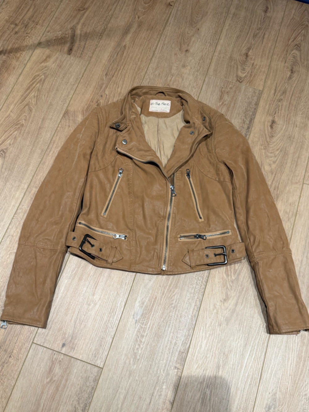 We The Free tan brown vegan leather biker jacket